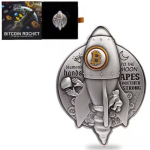 2022 Chad 1 oz Silver Bitcoin Rocket Shaped Antiqued High Relief Coin main